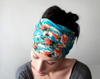 Kopftuch mit tropischem Blumenmuster, türkisfarbenes Stretch-Stirnband, breites Haartuch