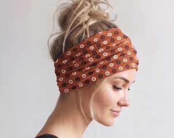 Extra Wide Retro Floral Headband, Handmade Soft Jersey Headband, Yoga Headband, Mod Motif Scrunch Headband