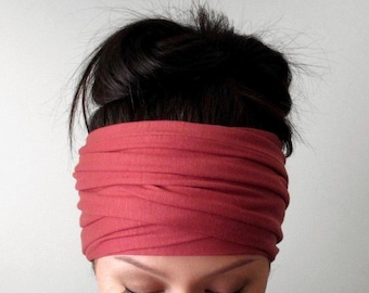 DARK SALMON Extra Wide Headwrap, Soft Jersey Headscarf, Ecoshag Jersey Hair Scarf, Handmade Yoga Headwraps for Women