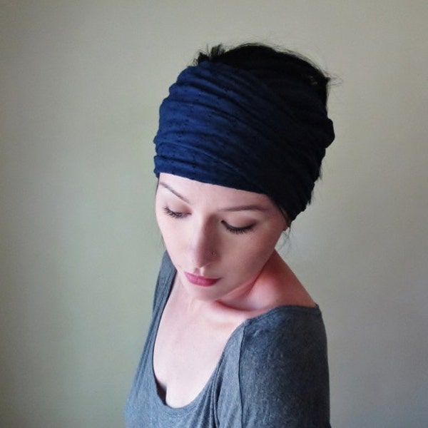 NAVY BLUE Head Scarf - Ear Warmer, Head Warmer - Eyelet Jersey Hair Wrap in Dark Blue - Womens Hair Accessories