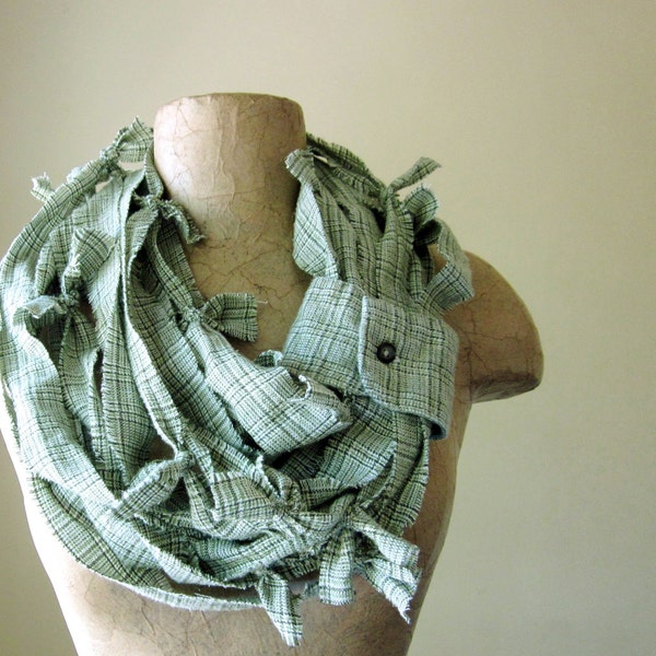 RECONSTRUCTED cotton flannel scarf in green plaid SALE - by EcoShag