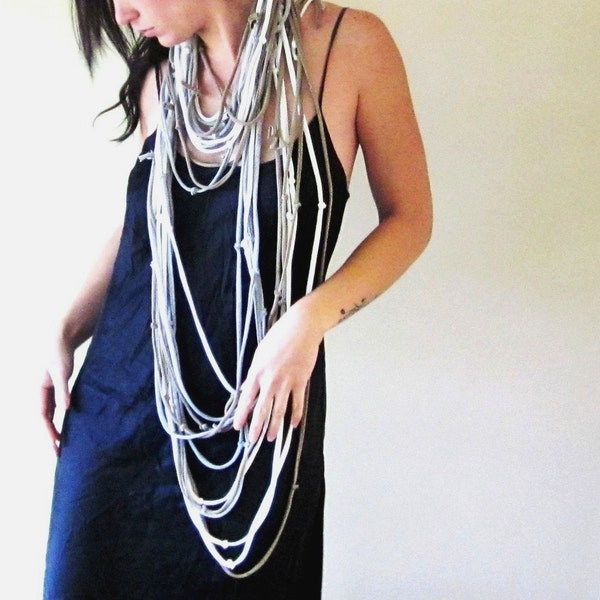 Closeout Sale - Statement Scarf Necklace - Upcycled Cotton Jersey Scarf - Tan, White, Heather Gray T Shirt Scarf