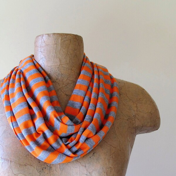 Striped Scarf - Lightweight Striped Skinny Scarf - Orange, Heather Gray Stripes