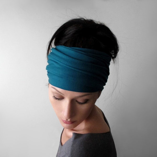TEAL BLUE Head Scarf, Extra Wide Unisex Head Wrap, EcoShag Hair Scarf, Light Peacock Blue Headscarf, Teal Hair Wrap, Adjustable Headband