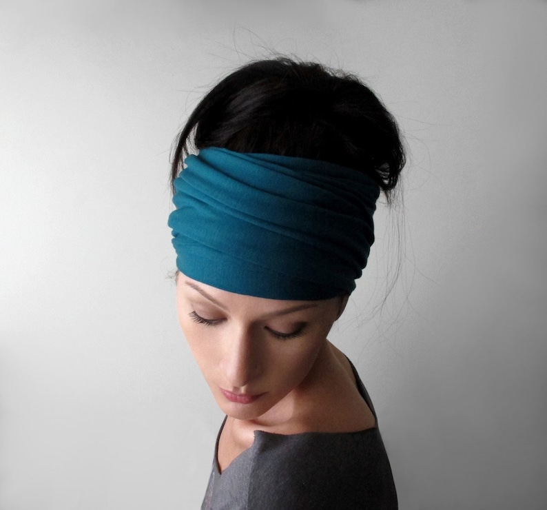a handmade, teal blue, jersey knit head scarf by ecoshag