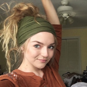a handmade, olive green, jersey headwrap by ecoshag