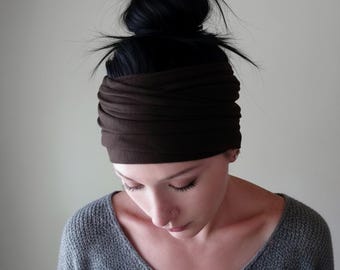ESPRESSO BROWN Stretch Head Wrap - Dark Brown Extra Wide Headband - Jersey Head Scarf