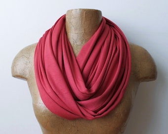 RHUBARB Infinity Scarf, Ultra Lightweight Loop Scarf, Papaya Red Jersey Circle Scarf, Cozy Tube Scarf