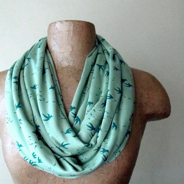 Birds of a Feather Infinity Scarf - Sea Green and Ice Green Bird Loop Scarf - Lightweight Handmade Circle Scarf - LAST ONE