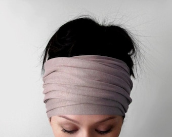 WARM TAUPE Headscarf,  Ecoshag Stretch Jersey Headwrap, Handmade Yoga Head Scarf, Extra Long Hair Scarf