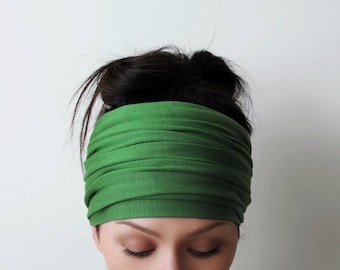 GREEN Extra Wide Headscarf, Stretch Jersey Head Scarf, Handmade Super Soft Scrunch Headwraps for Women