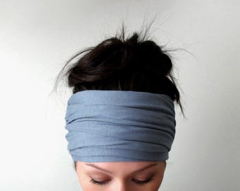 STEEL BLUE Yoga Headscarf, Ecoshag Extra Wide Headwrap, Long Jersey Hair Wrap, Stretch Headwraps for Women
