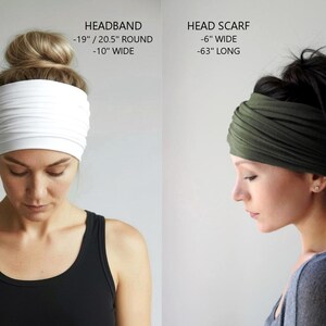 May include: A white headband, approximately 19 inches round and 10 inches wide, and an olive green head scarf, 6 inches wide and 63 inches long. The image shows the items on two people. The text on the image reads "HEADBAND" and "HEAD SCARF".