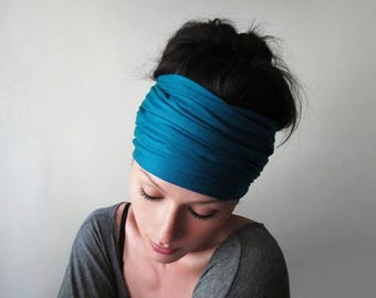 PEACOCK BLUE Headscarf, Ecoshag Jersey Headwrap, Handmade Scrunch Headband Scarf for Women, Yoga Head Scarf