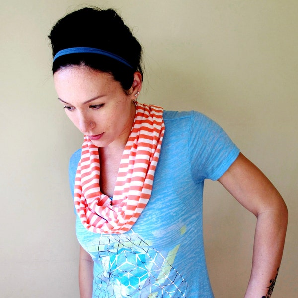 Striped Skinny Scarf - White Coral Stripes - Lightweight Summer Scarf