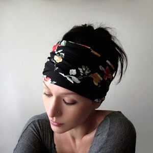 ブラックフローラルヘッドスカーフ、EcoShagレディースヘッドラップ、エクストラワイドジャージーヘアスカーフ、レディース調節可能ヘッドバンド、フローラルヘッドバンド