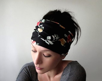 BLACK FLORAL Head Scarf, EcoShag Head Wraps for Women, Extra Wide Jersey Hair Scarf, Adjustable Headbands for Women, Floral Headband