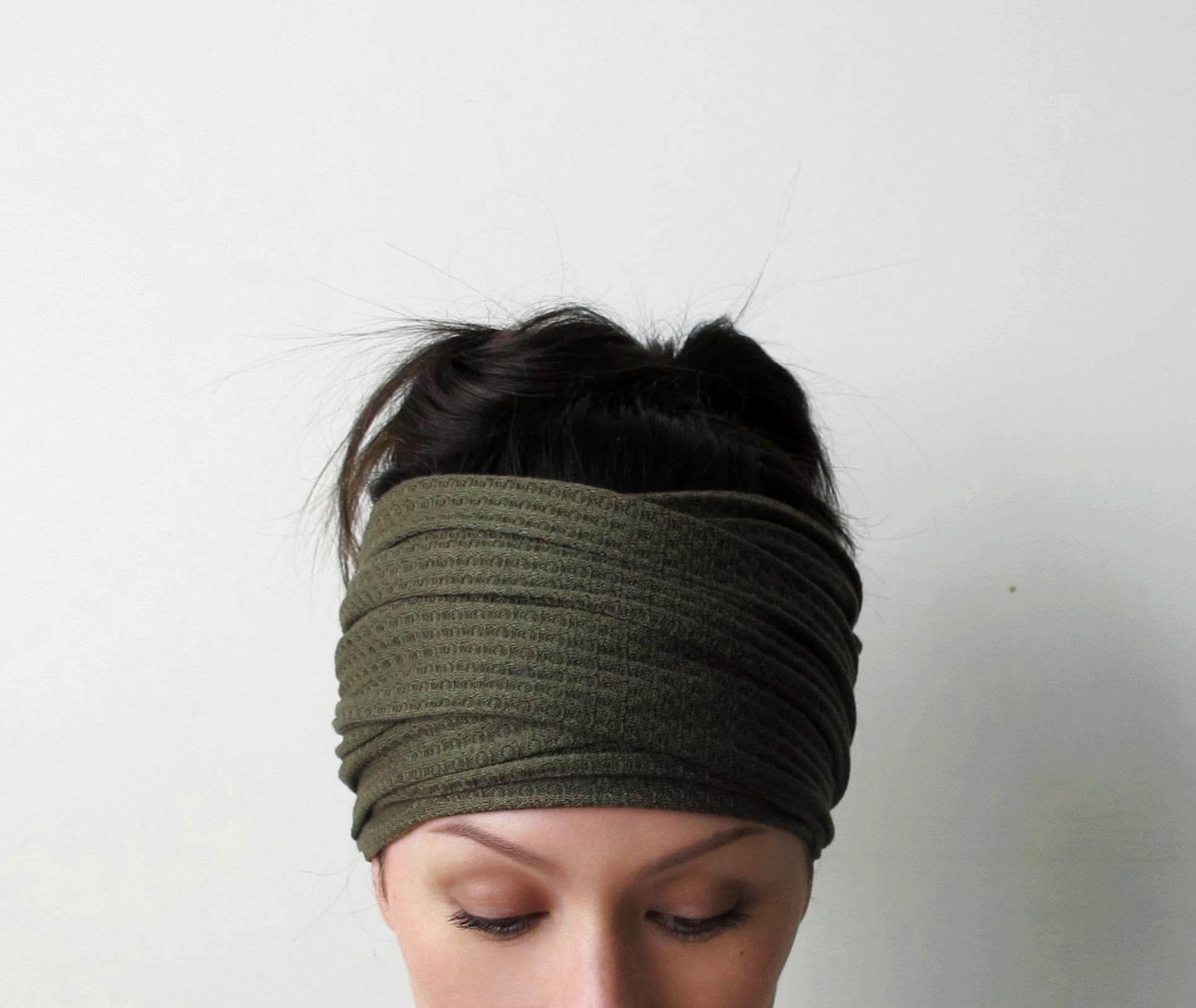 OLIVE GREEN Waffle Knit Headband Scarf, Extra Wide Stretch  display picture 3