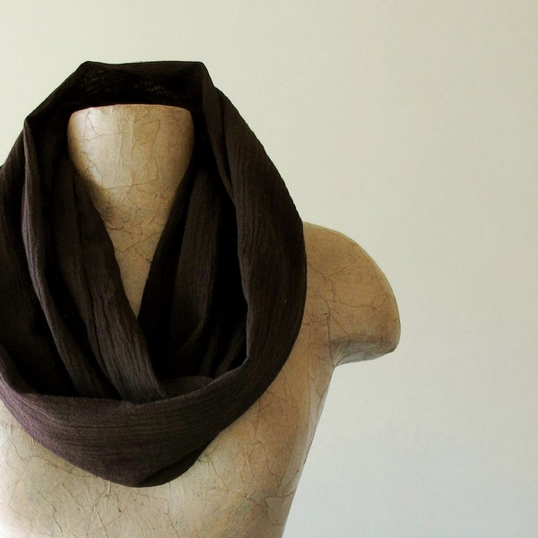 Lightweight Gauze Scarf - Chocolate Brown Cotton Crinkle Infinity Loop Scarf - Handmade Scarves