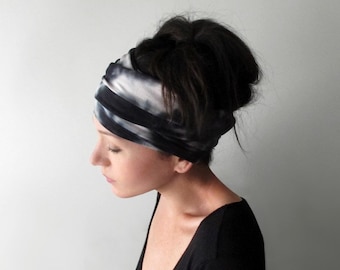 TIE DYE Head Scarf, Black, Gray and White Head Wrap, Stretch Jersey Headscarf, Extra Wide Head Scarf for Women, Headbands for Women