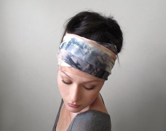 EARTHY TIE DYE Head Scarf, EcoShag Black Ecru Rusty Peach Tie Dye Head Wrap, Jersey Headscarf, Extra Wide Headscarf for Women Teen Girls