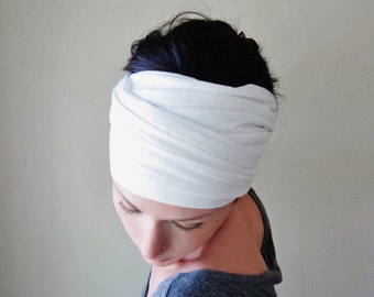 WHITE Head Wrap, EcoShag Head Scarf, Extra Wide Hair Wraps for Women, Jersey Head Wraps for Women, Boho Head Scarves, Adjustable Headband