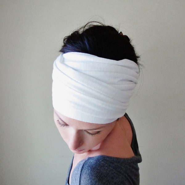 WHITE Head Wrap, EcoShag Head Scarf, Extra Wide Hair Wraps for Women, Jersey Head Wraps for Women, Boho Head Scarves, Adjustable Headband