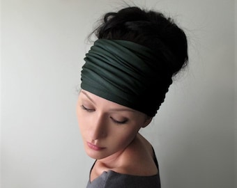 HUNTER GREEN Extra Wide Headwrap, Ecoshag Jersey Headband Scarf, Handmade Head Scarves for Women