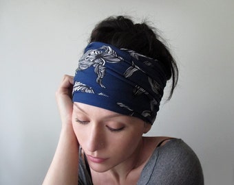 NAVY BLUE FILIGREE Head Scarf, EcoShag Extra Wide Floral Head Wrap, Navy Blue Jersey Floral Headscarf, Floral Headbands for Women