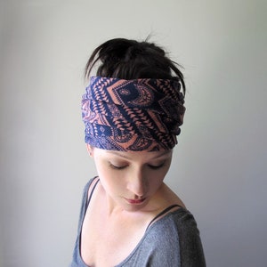 FAIR ISLE Head Wrap, Navy Blue and Coral Sweater Knit Head Scarf, EcoShag Headband, Extra Wide Headbands for Women, Sweater Knit Head Wrap