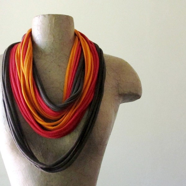 Upcycled Scarf Necklace - Eco Friendly Jersey Cotton Scarf - Brown, Red, Orange