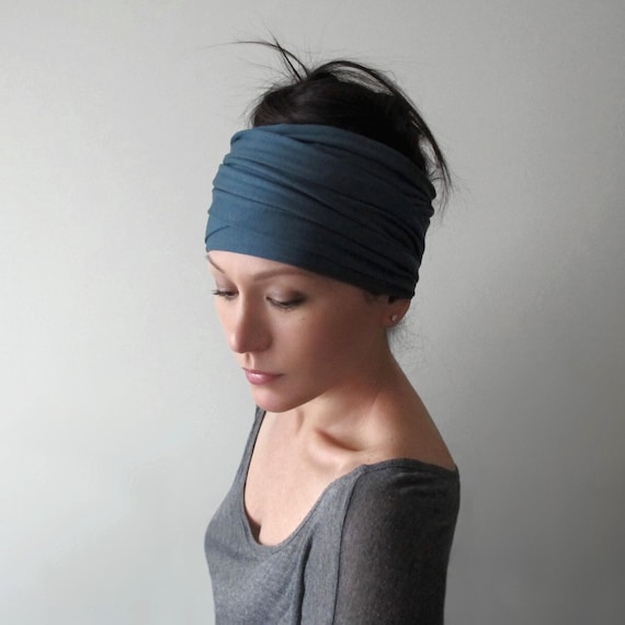 AEGEAN BLUE Jersey Headband Scarf - Extra Wide Stretchy Headwrap - Long Hair Scarf - Large Head Headbands for Women