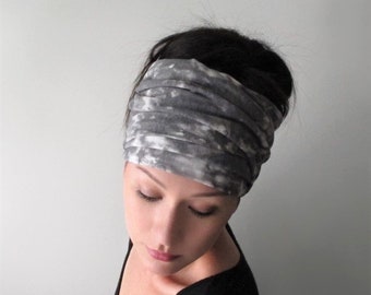 GRAY TIE DYE Headscarf, Terry Jersey Knit Head Wrap, Extra Long Hair Scarf, Ecoshag Head Scarf