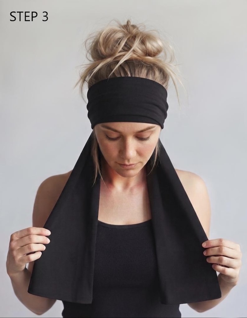 Diadema negra extra ancha, pañuelo para la cabeza de jersey suave, pañuelo para yoga, pañuelo para cabello largo, pañuelos para la cabeza hechos a mano para mujer imagen 8