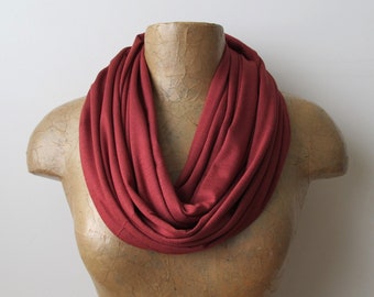 BRICK RED Infinity Scarf, Ultra Lightweight Loop Scarf, EcoShag Jersey Dark Red Circle Scarf, Copper Red Tube Scarf