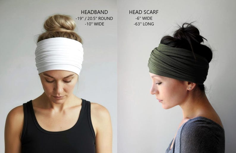 May include: A white headband, approximately 19 inches round and 10 inches wide, and an olive green head scarf, 6 inches wide and 63 inches long. The image shows the items on two people. The text on the image reads "HEADBAND" and "HEAD SCARF".