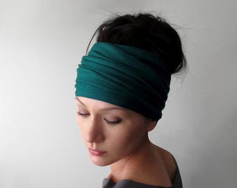 TEAL GREEN Jersey Headscarf, Stretch Hair Scarf, Handmade Yoga Headwrap