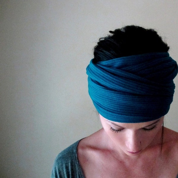 Peacock Blue Head Scarf - All in One Accessory - Hair Wrap, Headband - Ribbed Sweater Scarf