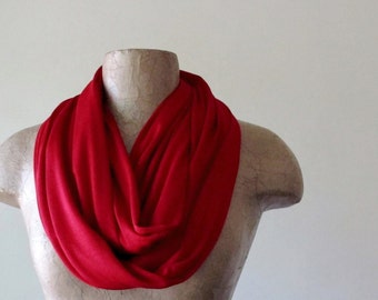 LIPSTICK RED Infinity Scarf, Ultra Lightweight Loop Scarf, EcoShag Jersey Red Circle Scarf, Jewel Tone Tube Scarf