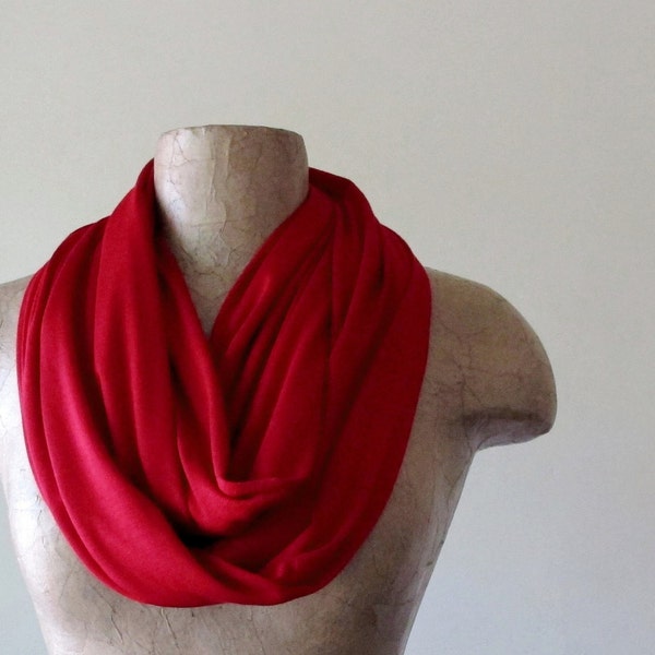 LIPSTICK RED Infinity Scarf, Ultra Lightweight Loop Scarf, EcoShag Jersey Red Circle Scarf, Jewel Tone Tube Scarf