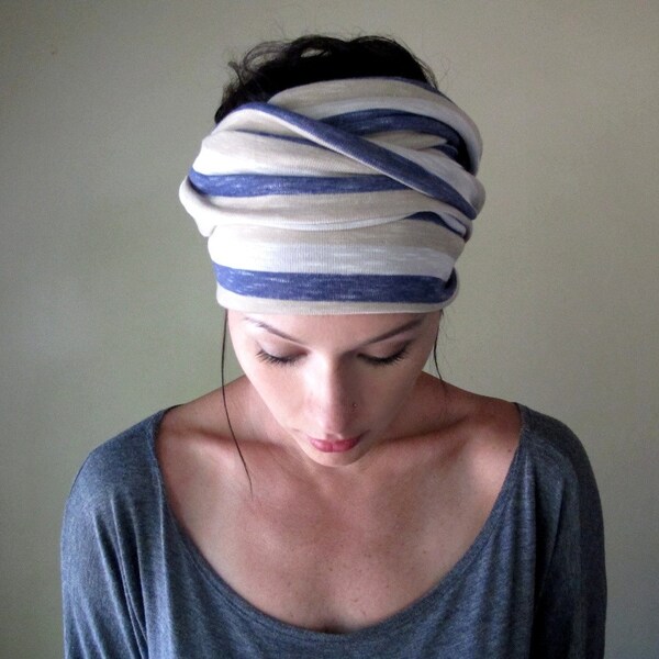 Striped Head Scarf, Hair Wrap, Headband - All in One Womens Neck Bow - Ascot - Sash - Denim Blue, Tan, Straw Stripes