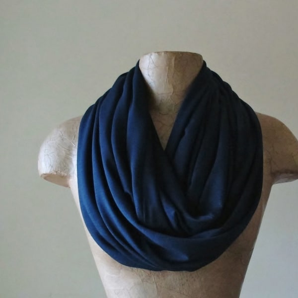 MIDNIGHT BLUE Infinity Scarf, EcoShag Lightweight Circle Scarf, Dark Blue Jersey, Dark Navy Blue Loop Scarf