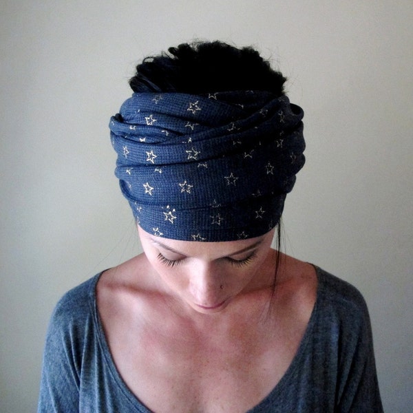 Stars Head Scarf - Gold Stars on Denim Blue Thermal - Hair Wrap, Headband - All in One Accessory - Thermal Knit with Metallic Stars