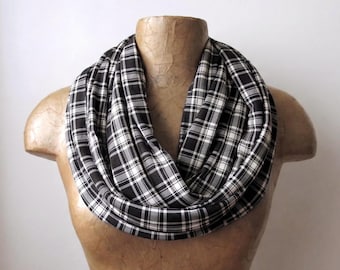 BLACK PLAID Jersey Infinity Scarf, Handmade Loop Scarf, Lightweight Ecoshag Circle Scarf