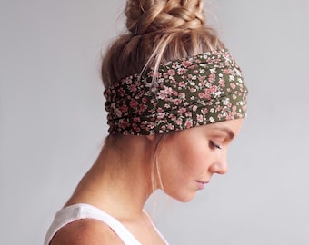 Extra Wide Floral Headband, Handmade Soft Jersey Headband, Yoga Headband, Ditsy Floral Motif Scrunch Headband