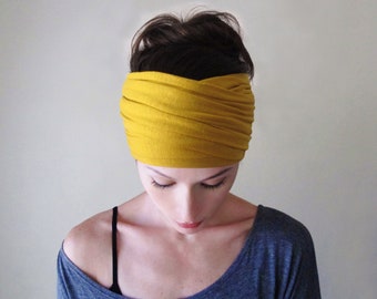 GOLDENROD Head Scarf, Mustard Yellow Head Wrap, Boho Headscarf, Extra Wide Headband, Solid Jersey Headbands for Women