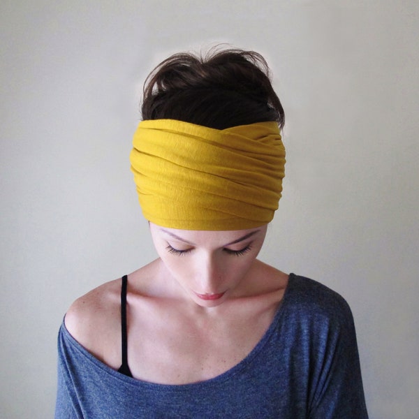 GOLDENROD Head Scarf, Mustard Yellow Head Wrap, Boho Headscarf, Extra Wide Headband, Solid Jersey Headbands for Women