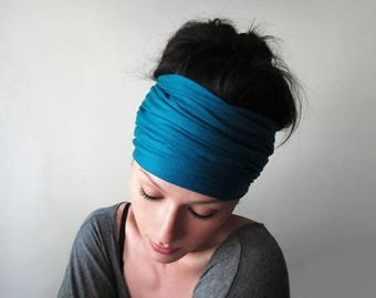 PEACOCK BLUE Headscarf, Ecoshag Jersey Headwrap, Handmade Scrunch Headband Scarf for Women, Yoga Head Scarf