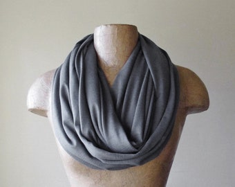 WARM GREY Infinity Scarf, EcoShag Scarf, Gray Circle Scarf, Jersey Knit Tube Scarf, Lightweight Loop Scarf