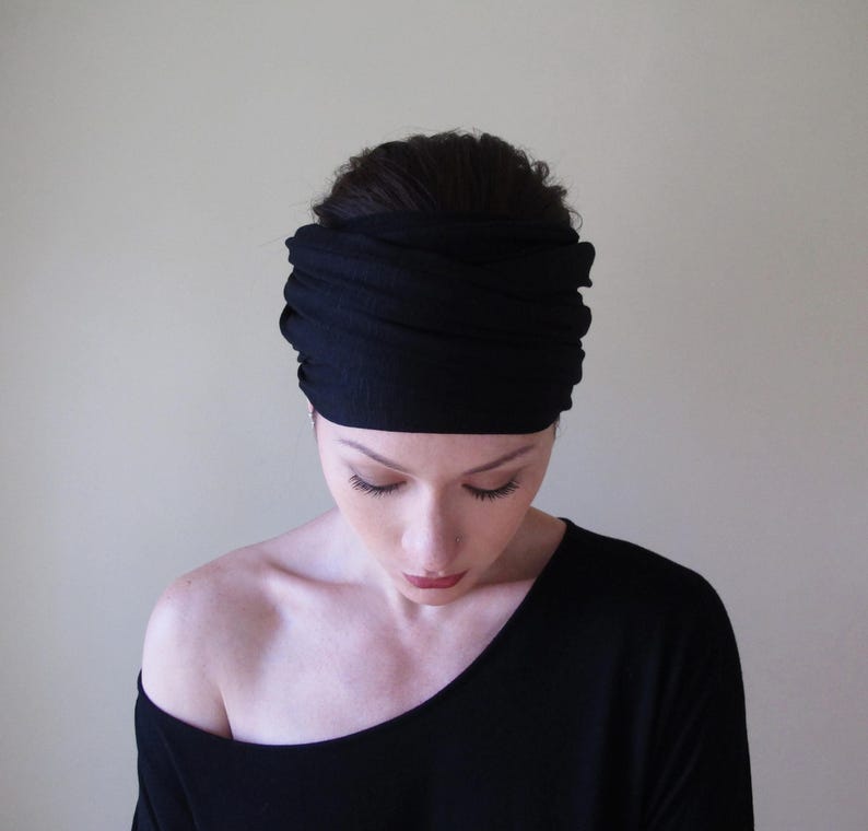 Diadema negra extra ancha, pañuelo para la cabeza de jersey suave, pañuelo para yoga, pañuelo para cabello largo, pañuelos para la cabeza hechos a mano para mujer imagen 2